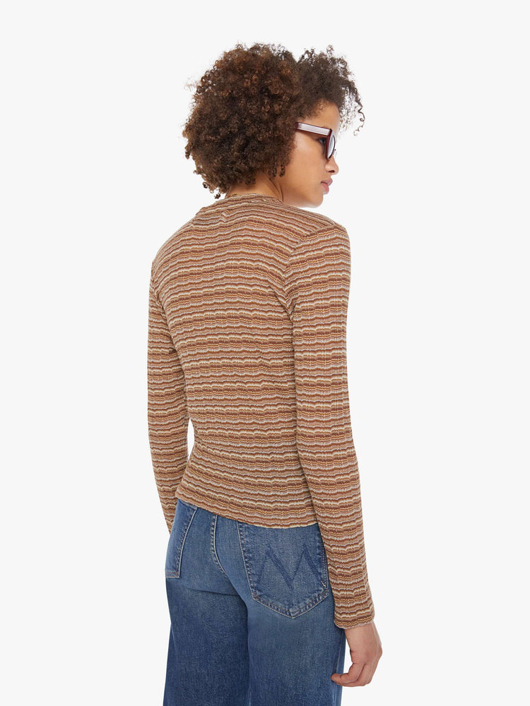 Back view of a brown and camal blend long-sleeve tee from SPRWMN with a buttoned V-neck and a narrow fit.