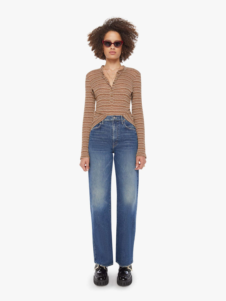 Full body view of a brown and camal blend long-sleeve tee from SPRWMN with a buttoned V-neck and a narrow fit.