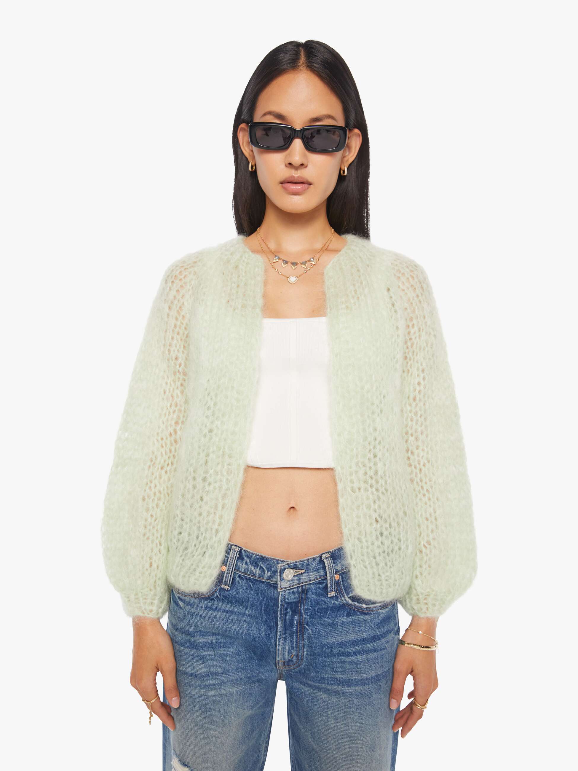 Maiami Mohair Puffy Sleeve Small Cardigan - Water Green