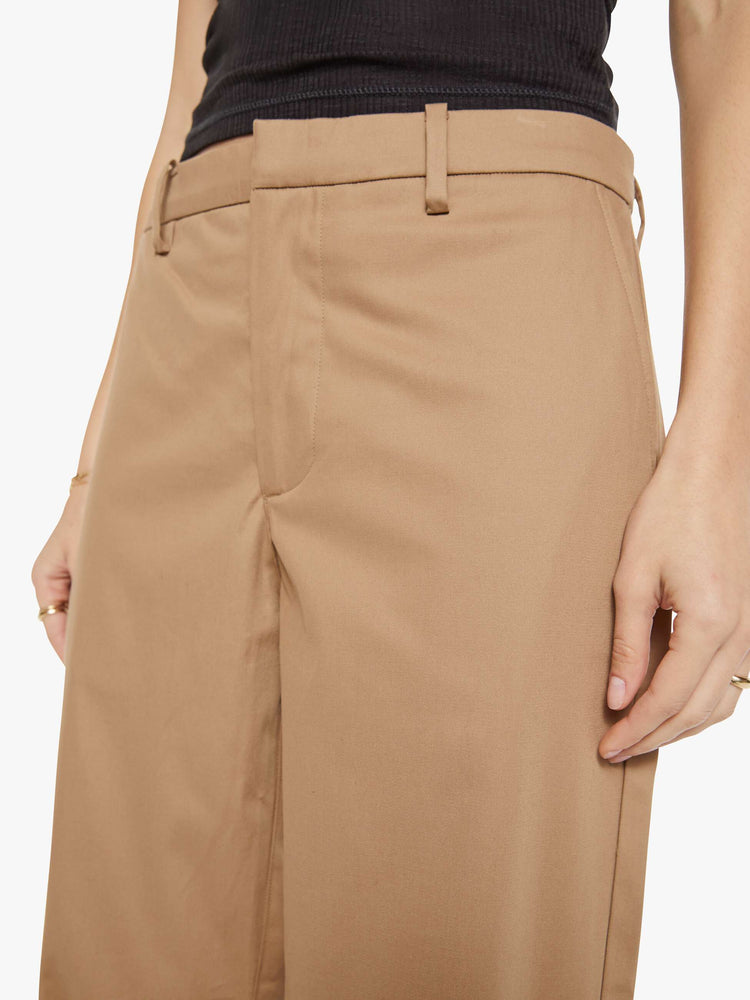 Close up khaki trousers from the Los Angeles brand SPRWMN (pronounced "superwoman") have a straight leg, long inseam and a loose, comfortable fit.