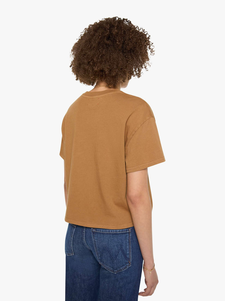 Back view of a womens crew neck tee with a boxy fit in a dark khaki.