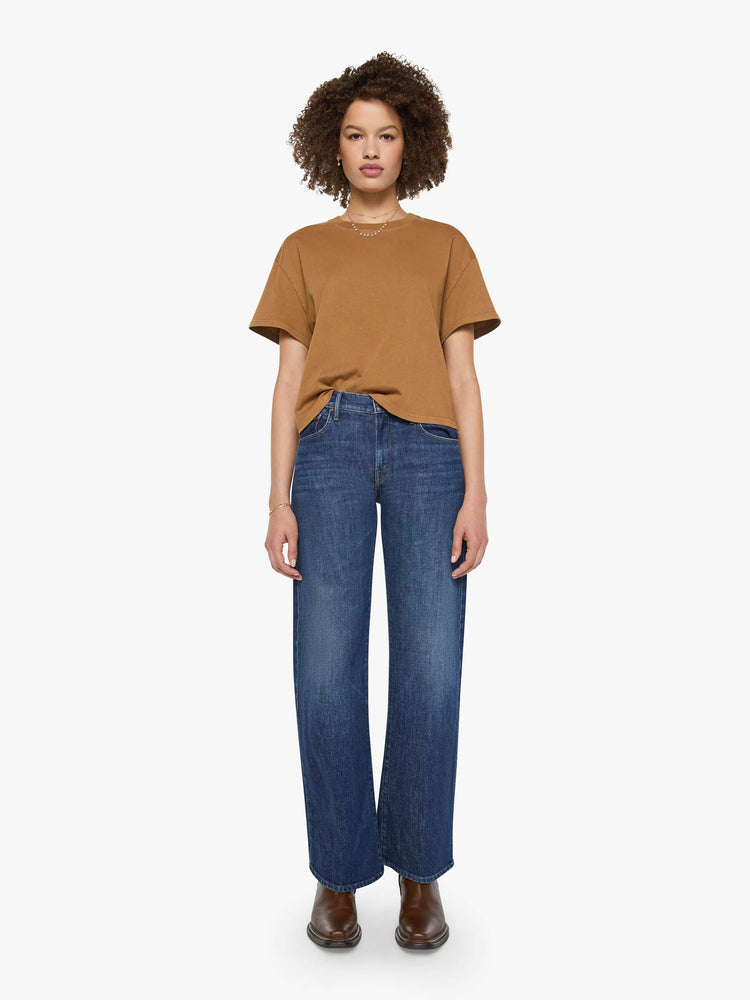 Front full body view of a womens crew neck tee with a boxy fit in a dark khaki.