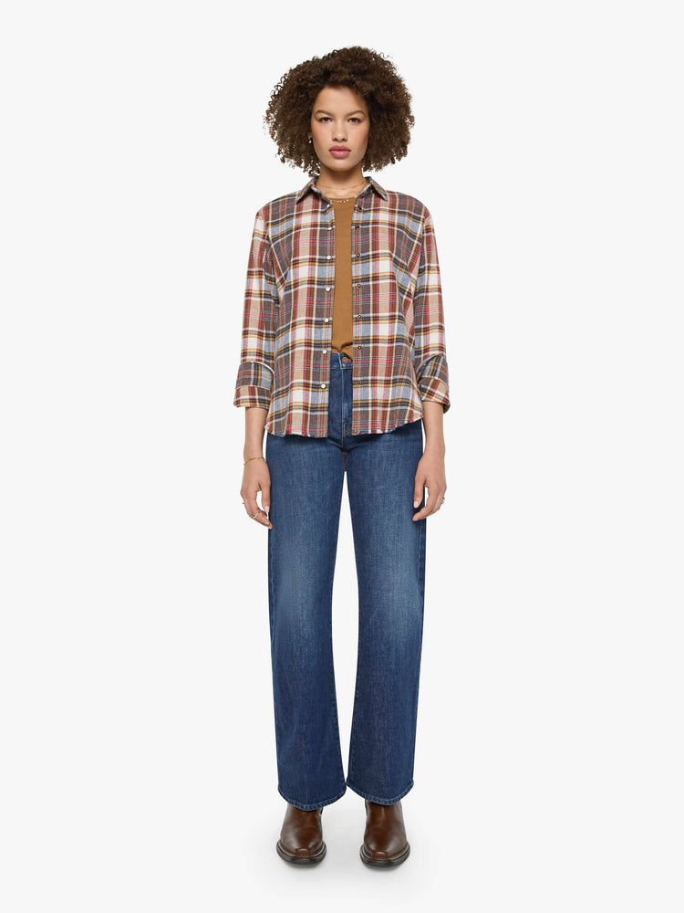 Front full body view of a womens plaid button up shirt featuring neutral tones.