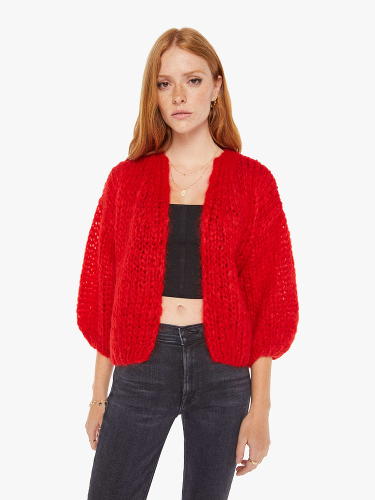 Front view of women's Mohair Cardigan Sweater in Red.