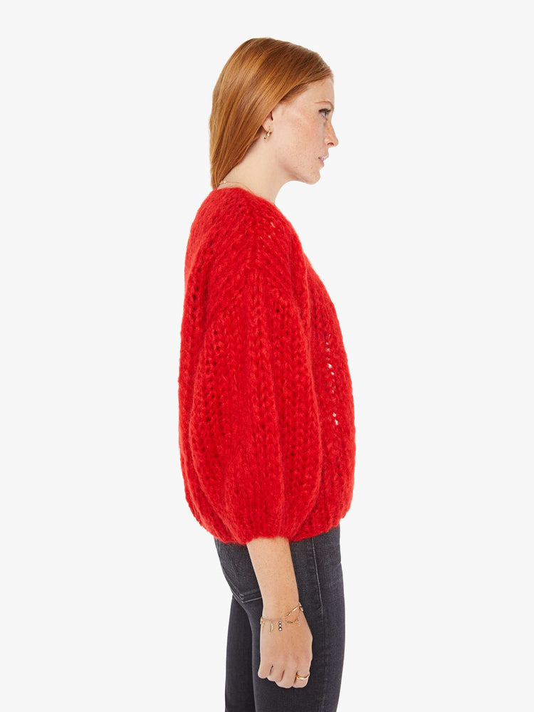 Side view of women's Mohair Cardigan Sweater in Red.