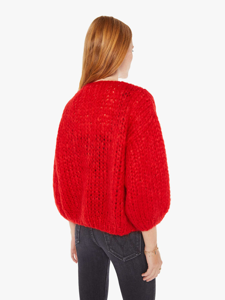 Back view of women's Mohair Cardigan Sweater in Red.