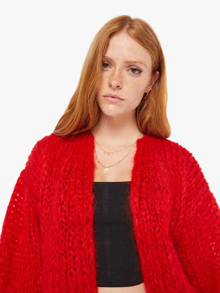 Front close up view of women's Mohair Cardigan Sweater in Red.