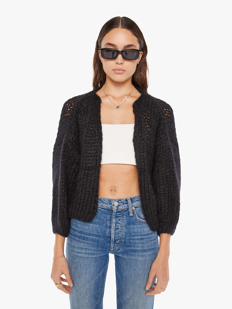 Front view of women's Mohair Cardigan Sweater in Black.