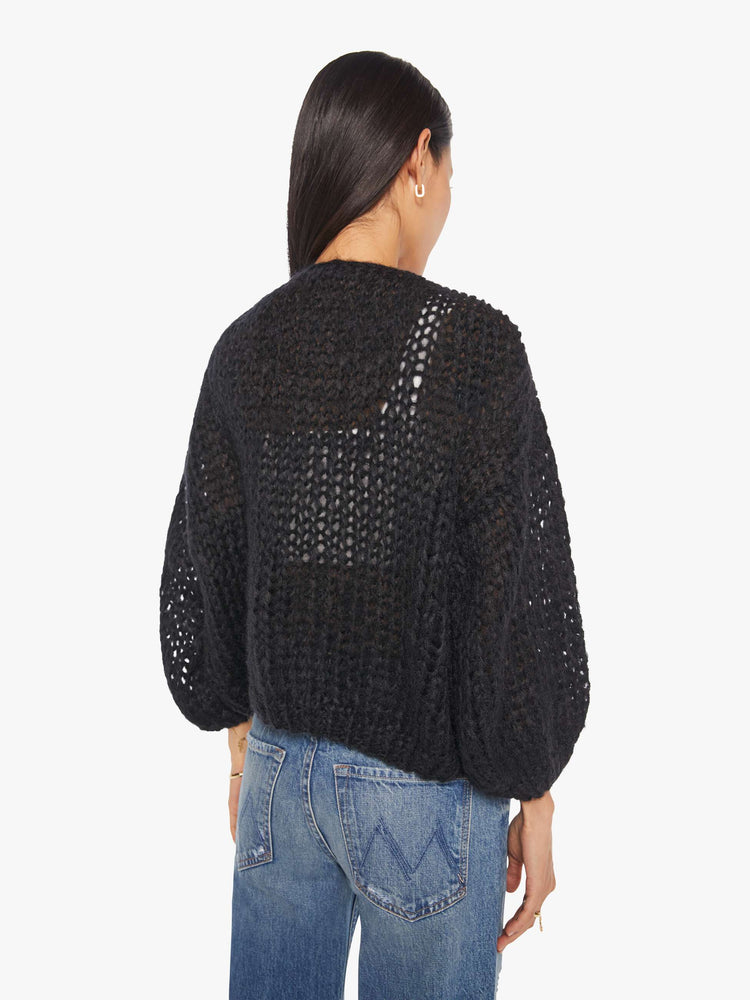 Back view of women's Mohair Cardigan Sweater in Black.
