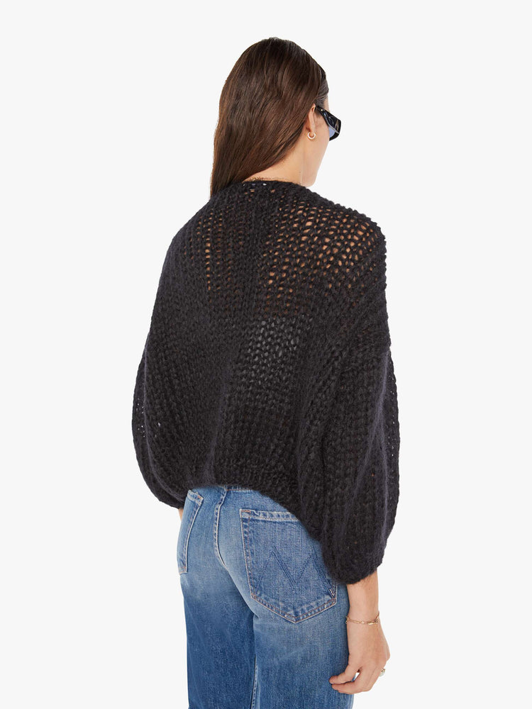 Back view of women's Mohair Cardigan Sweater in Black.