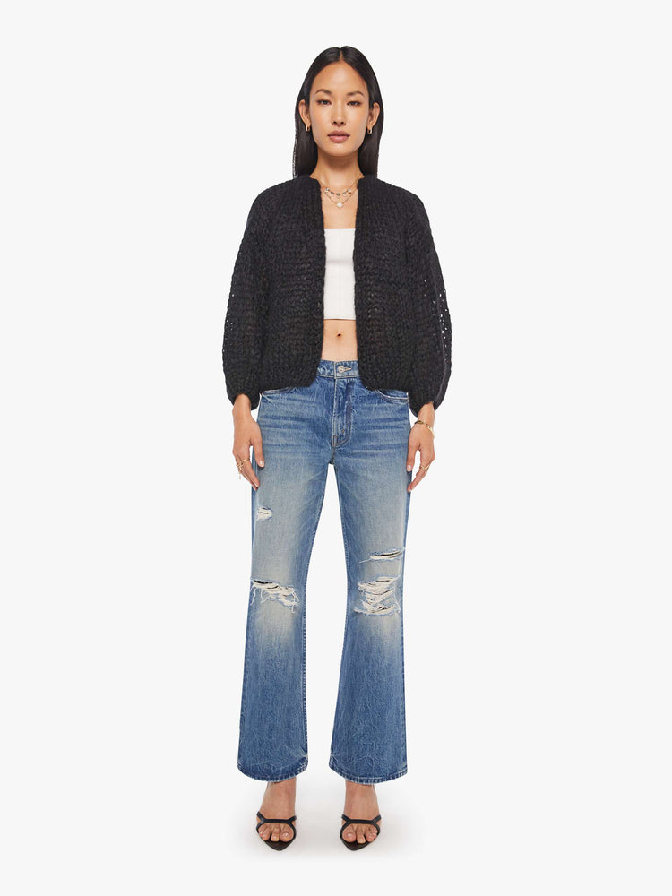 Full body view of women's Mohair Cardigan Sweater in Black.