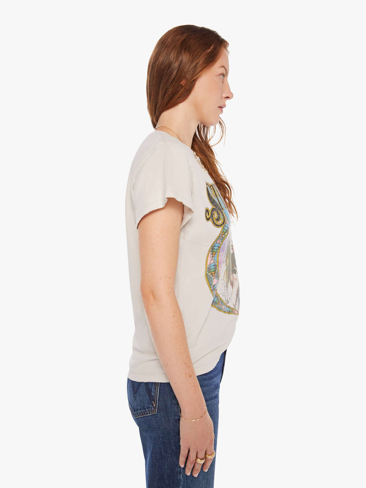 Side view women's white stevie nicks graphic tee with multicolor detail featuring yellow, blue, black, pink, purple and black. 