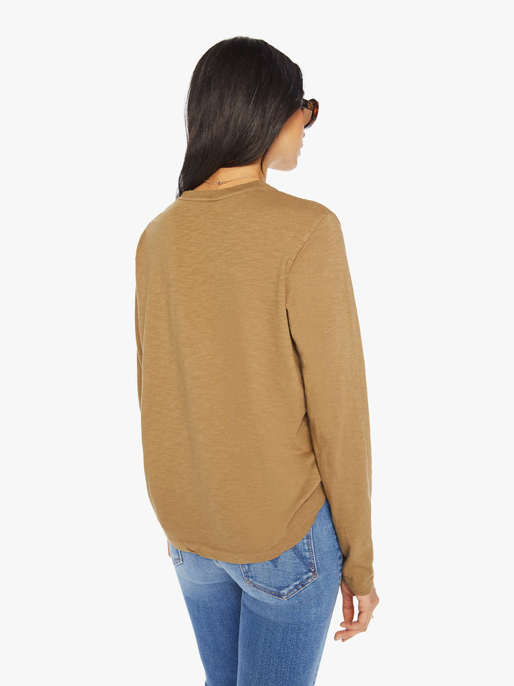 Back view of a woman olive long-sleeve crewneck with a slightly boxy shape.