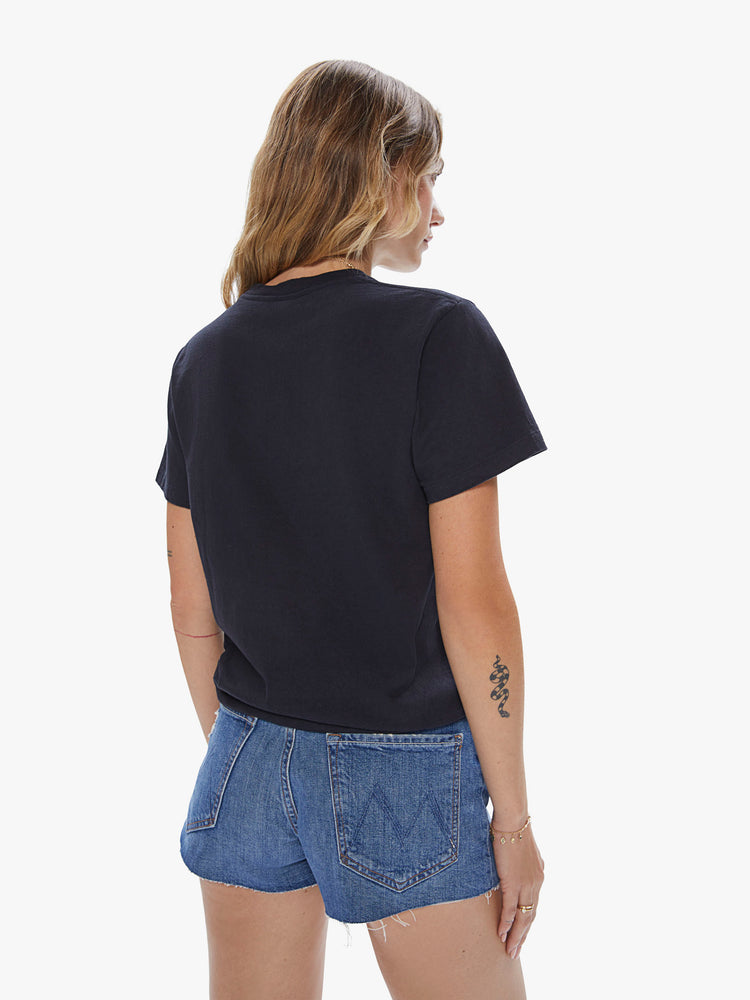 Back view of a womens black crew neck tee.