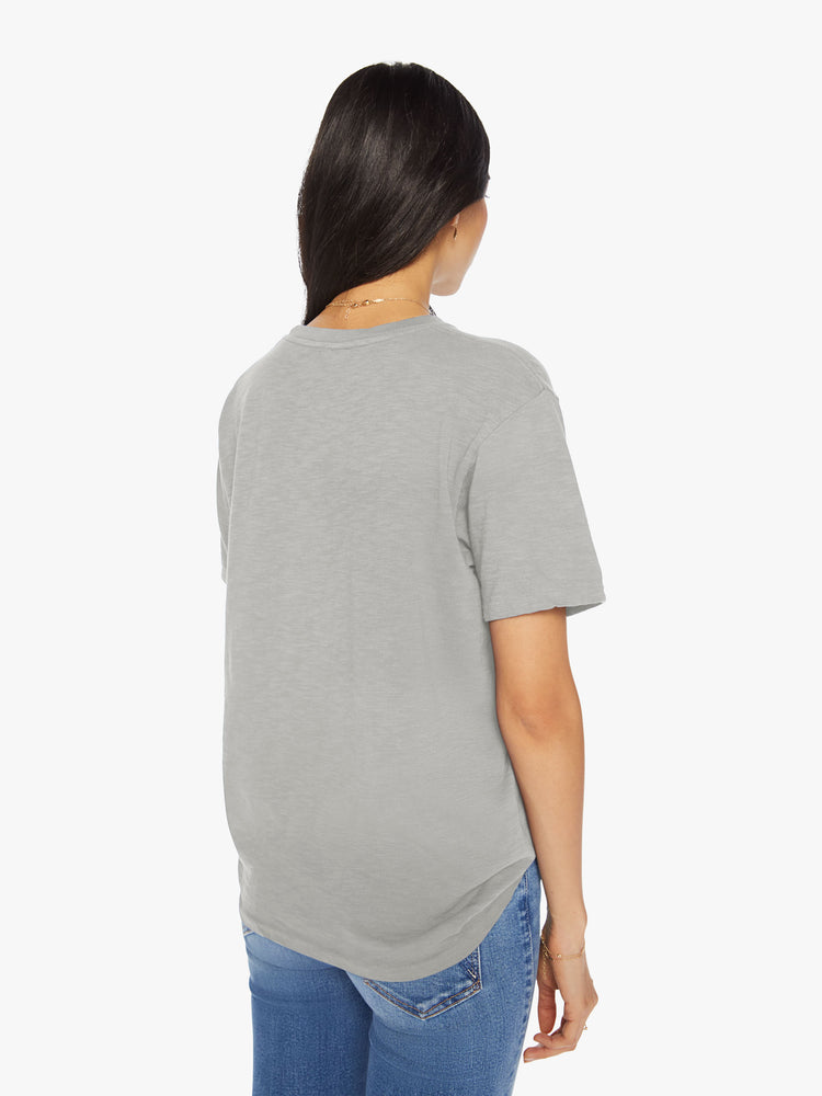 Back view of a womens grey crew neck tee.