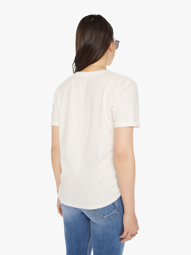 Back view of a womens white crew neck tee.