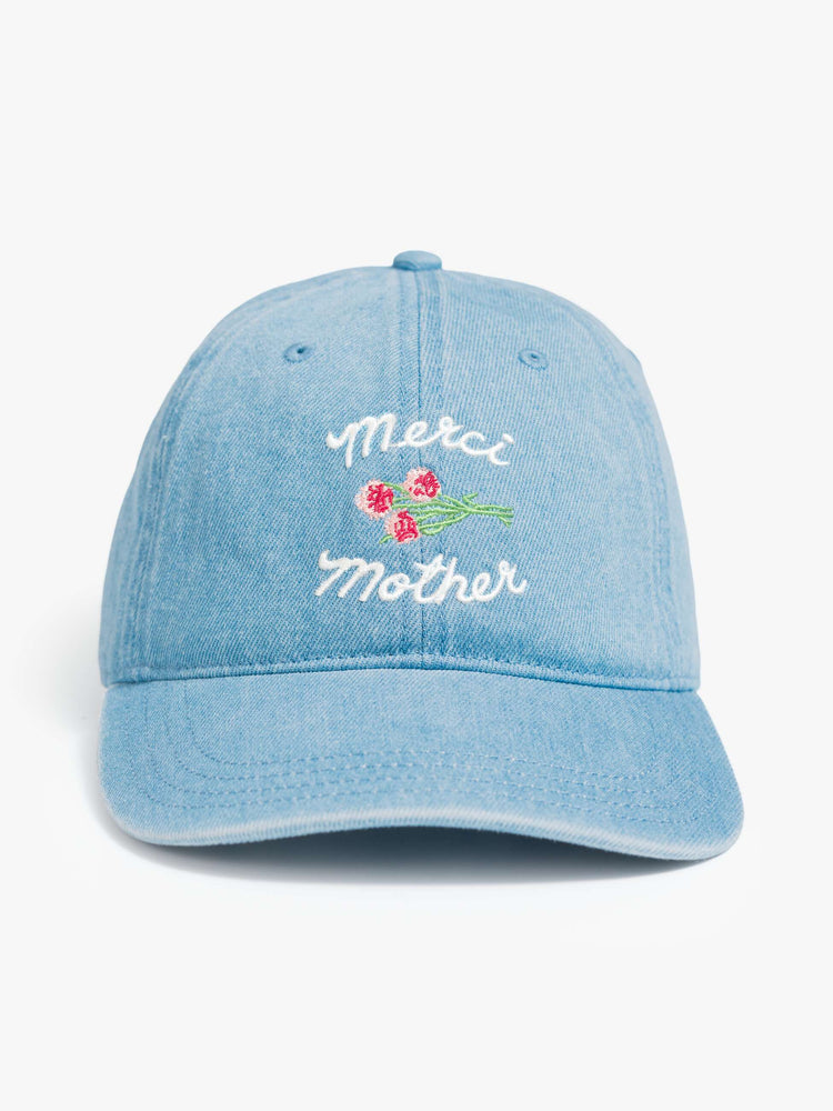 Flat view of a light denim hat with embroidered text in white and a bouquet of red flowers.