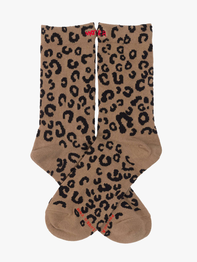 Flat cheetah print with red text across the top socks.