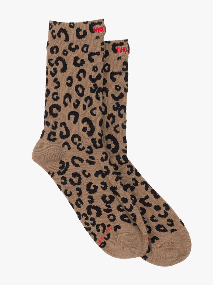 Flat cheetah print with red text across the top socks.