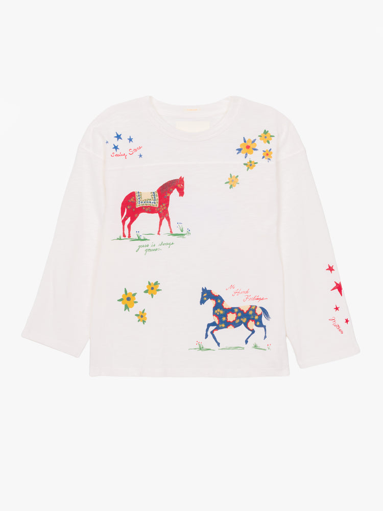 Flat view of a long sleeve tee with colorful horse and flower graphics.