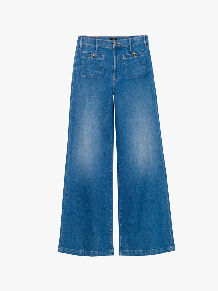 flat view of a pair of medium blue denim jeans featuring a wide leg and two front pockets.