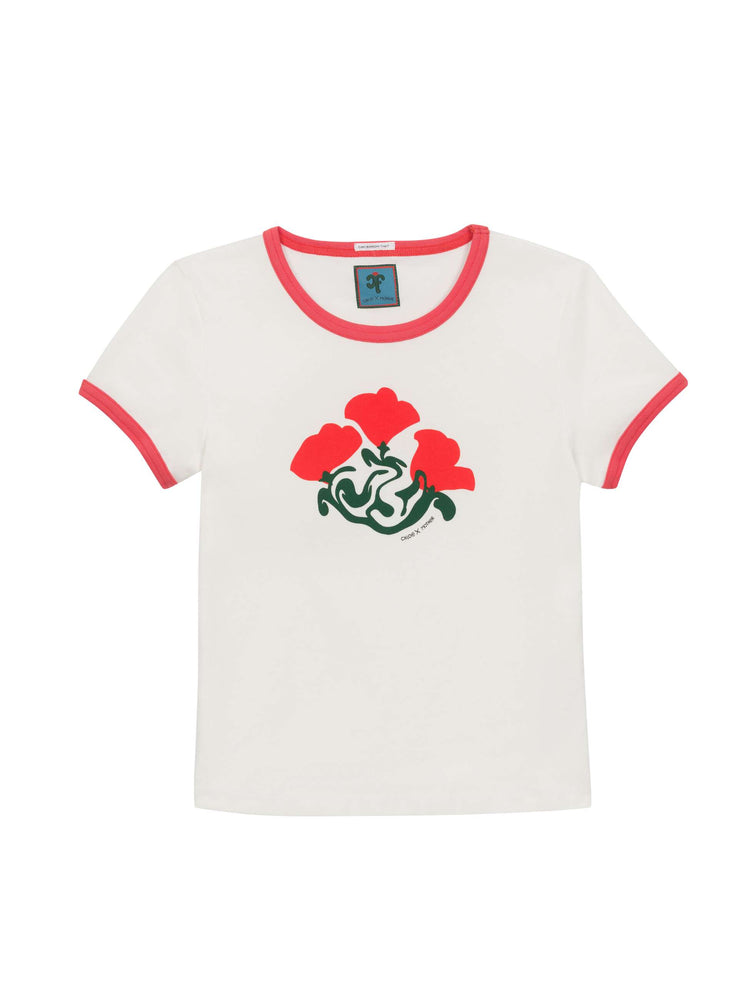 Flat product image of a white ringer tee with red trim and a floral graphic.