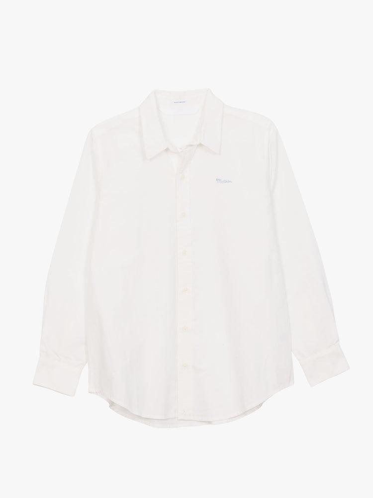 Front view of a white button up shirt featuring "Mother" embroidered in light blue on the chest.