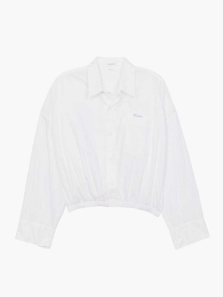 Flat view of a white button up shirt featuring a cropped elastic he and "Mother" embroidered in light blue.