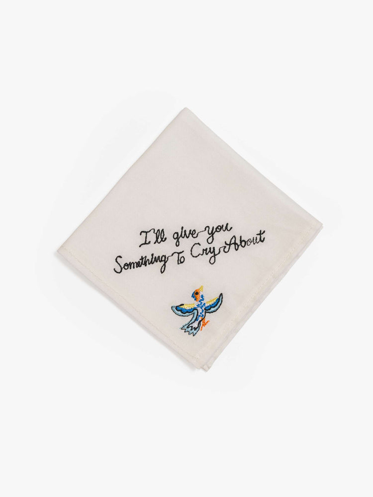 One of the set of five 8-inch-by-8-inch 100% cotton handkerchiefs in white with black embroidered text and colorful characters in the bottom corner.