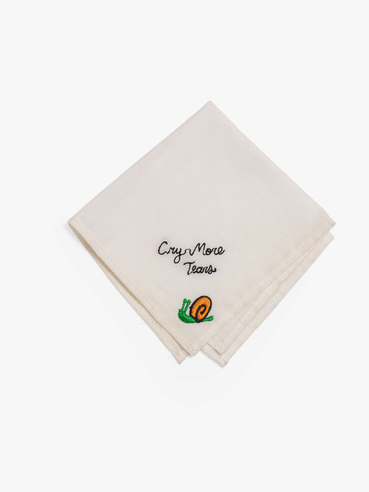 One of the set of five 8-inch-by-8-inch 100% cotton handkerchiefs in white with black embroidered text and colorful characters in the bottom corner.