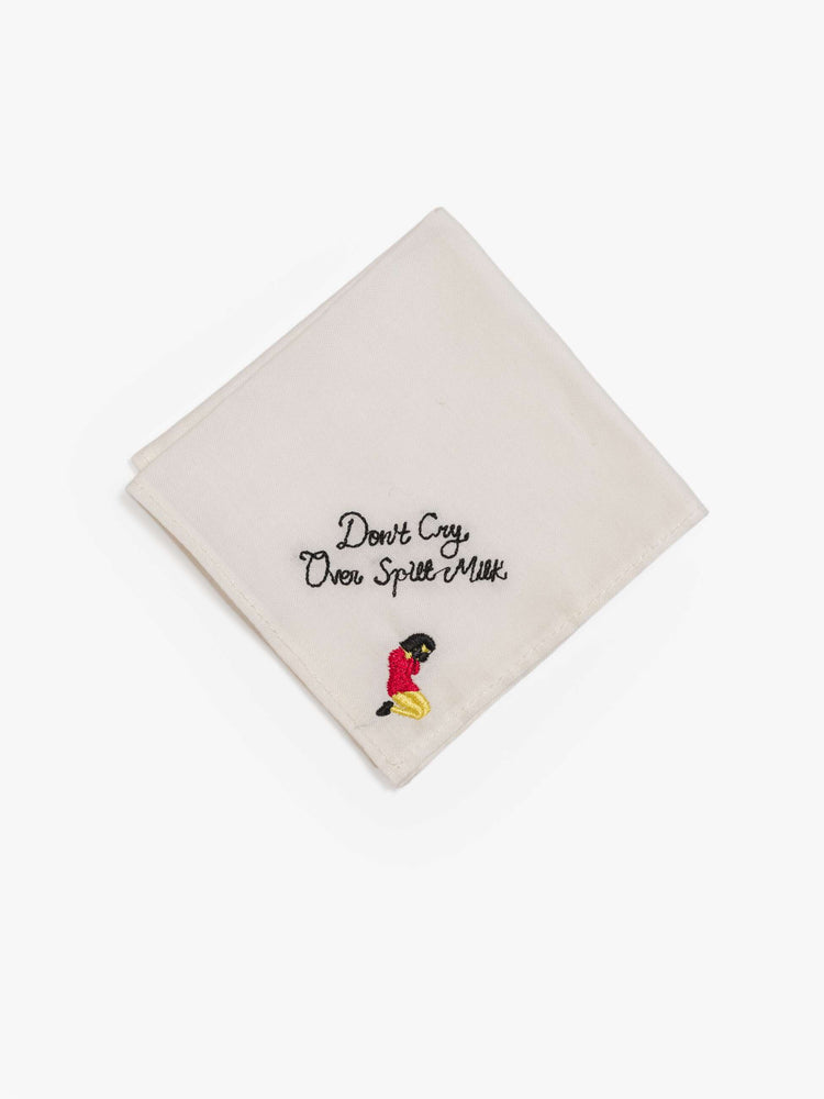 One of the set of five 8-inch-by-8-inch 100% cotton handkerchiefs in white with black embroidered text and colorful characters in the bottom corner.