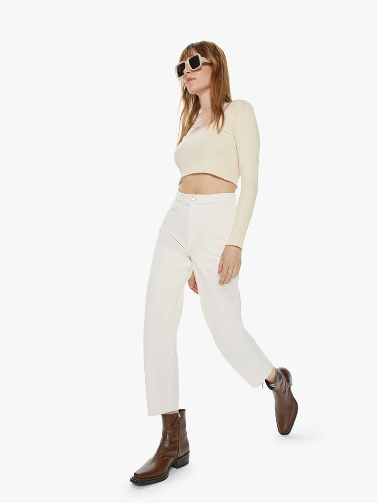 Full front view of a women's ivory high waisted straight leg jean with an ankle length inseam. This style is inspired by the fit of 90s jeans.