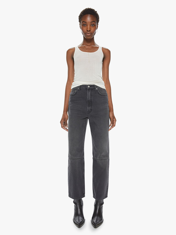 Front view of a women's faded black high rise straight leg jean with a seam detail at the knee. This style is inspired by the fit of 90s jeans.