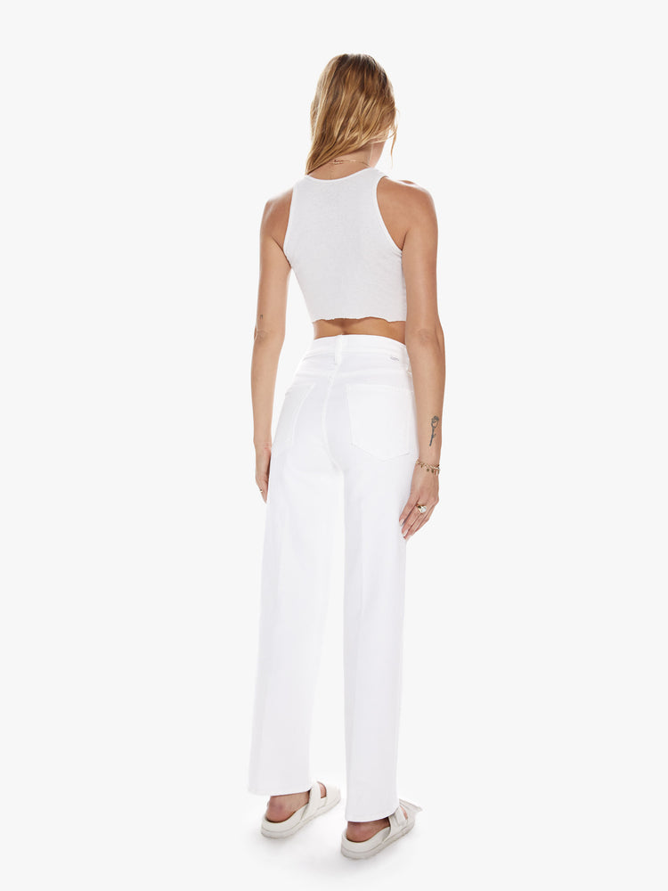 Back view of a womens white high waisted wide straight leg jean with an ankle length inseam and zip fly.