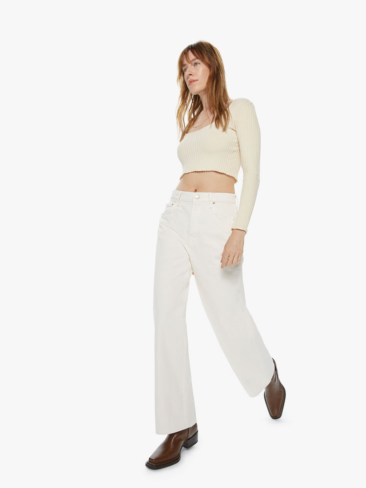 Full front view of a women's ivory wide leg jean. This style is inspired by the fit of 90s jeans.