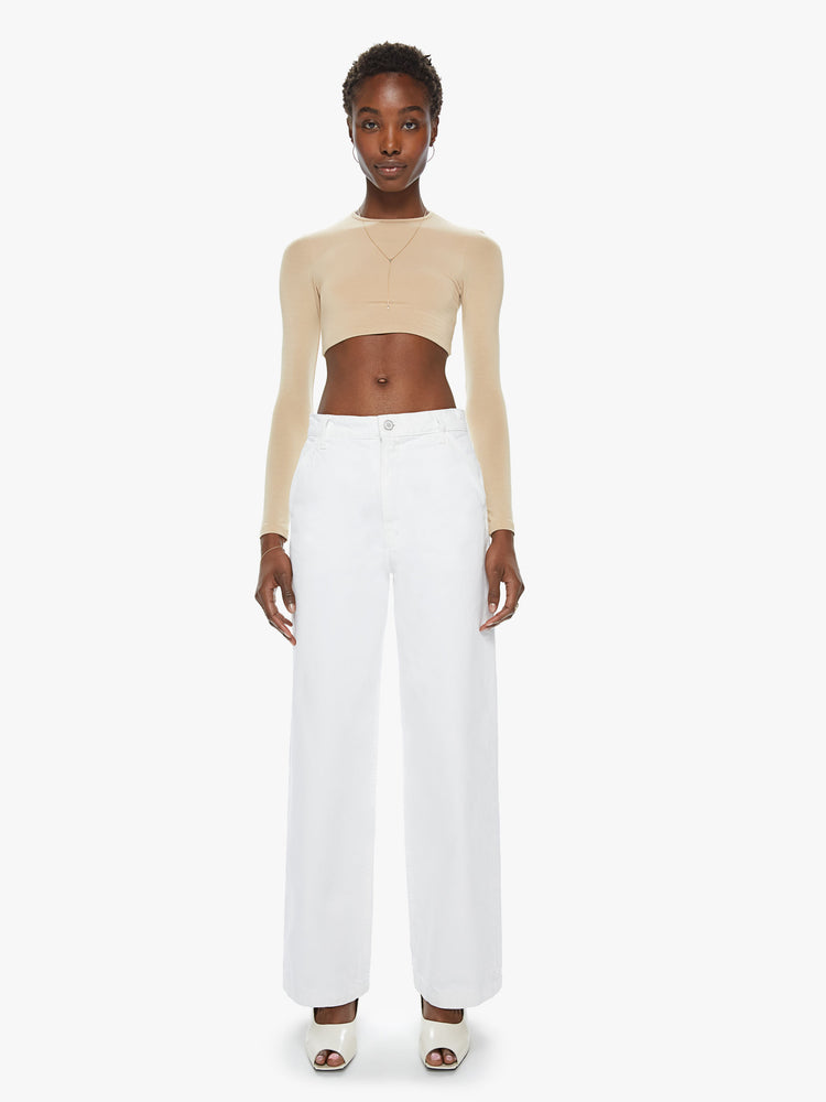 Front view of a women's white wide leg utility style jean. This style is inspired by the fit of 90s jeans.