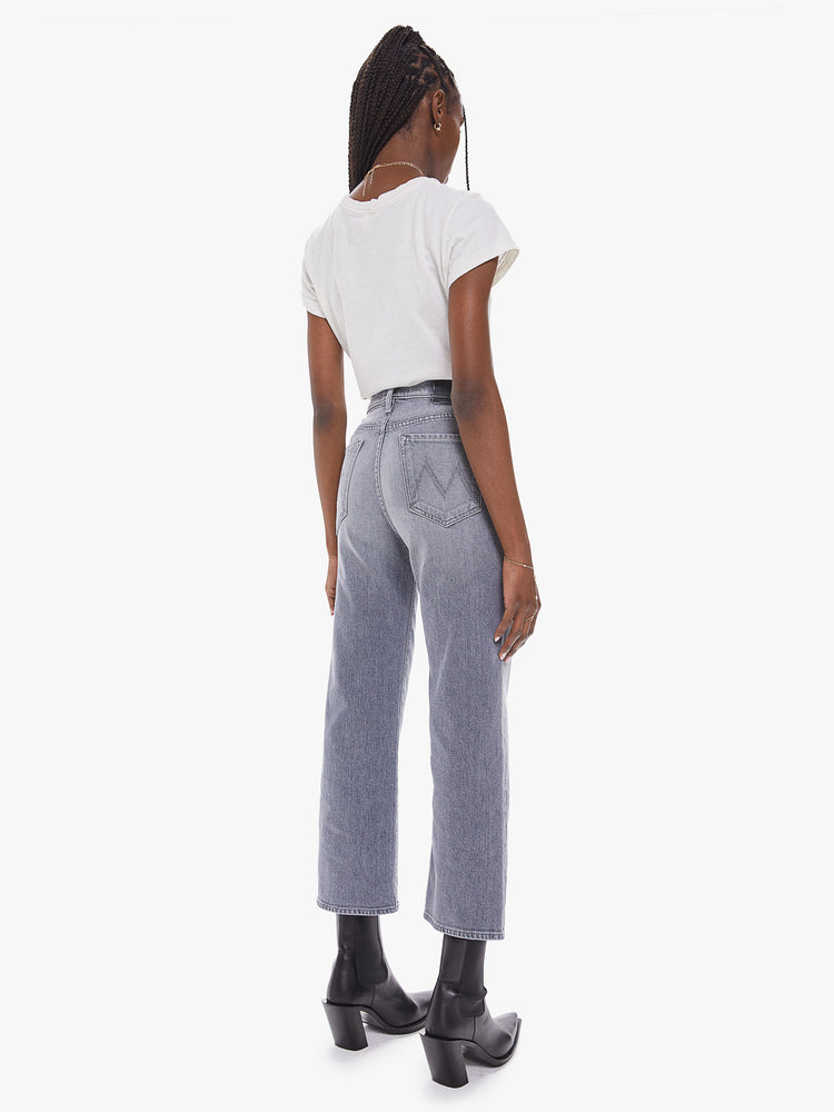 Back view of a women's light grey high rise straight leg jean with a clean ankle length hem