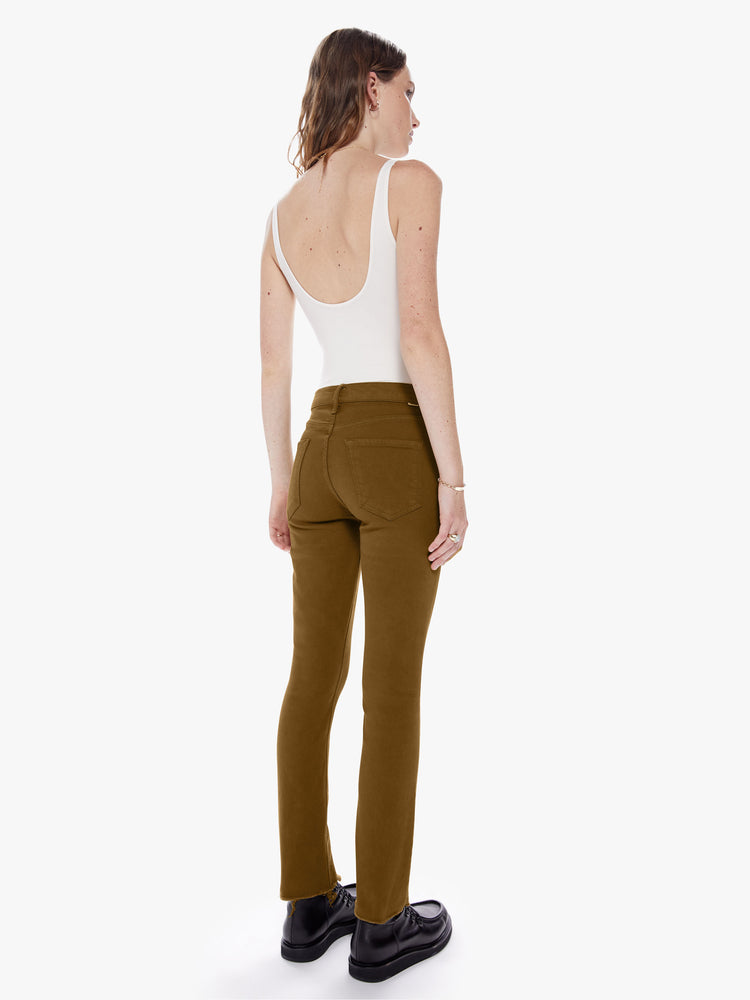 Back view of a woman in our popular midrise straight leg with an ankle length inseam and a frayed hem cut from stretch cotton fabric in olive-green hue with tonal hardware for a monochrome look