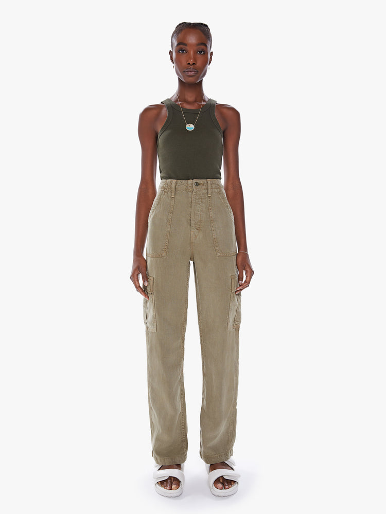 Front view of a woman's High-waisted cargo pants with a wide straight leg, patch pockets and a clean 32-inch inseam in an olive green hue.