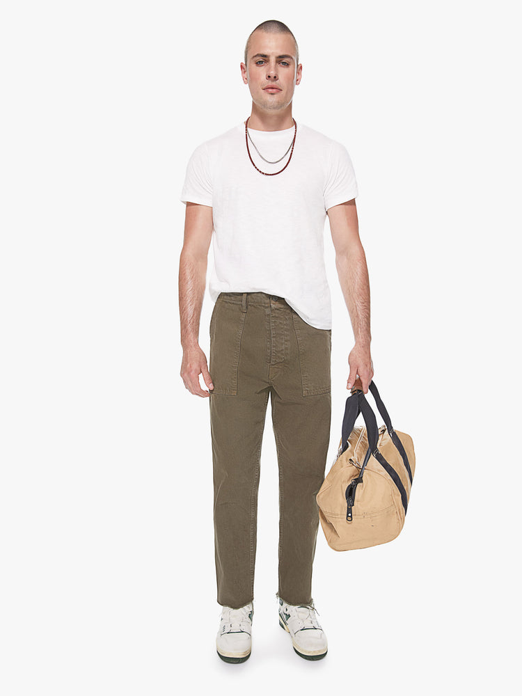 Front view of a men's army green straight leg pant with deep hardware inspired pockets