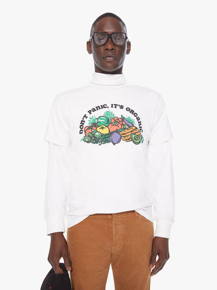 Front view of a men's white t-shirt with a multi-colored graphic of vegetables and "Don't Panic It's Organic" printed in black font