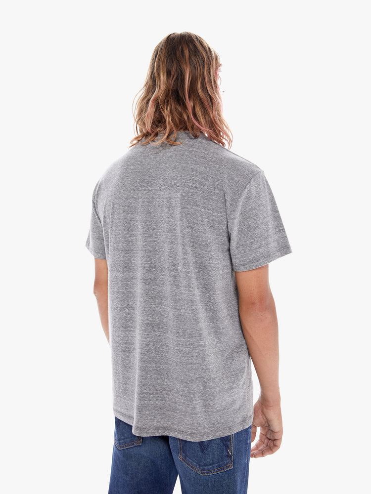 Back view of a heather grey t-shirt with "HOLA AMIGO" printed multiple times in a red wavy font