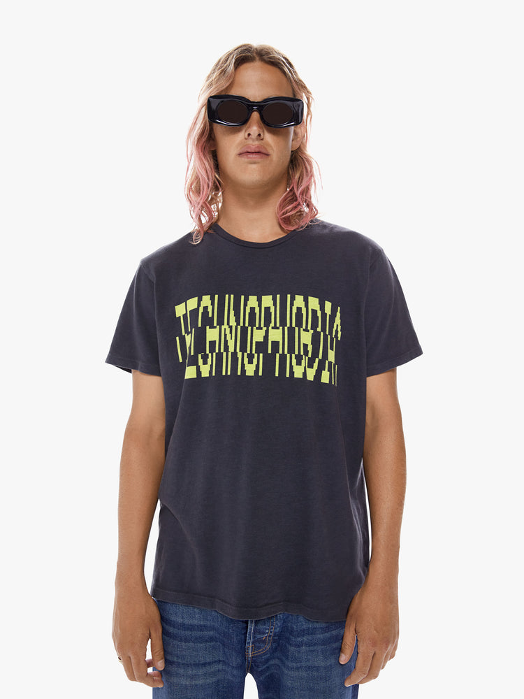 Front view of a black t-shirt with "TECHNOPHOBIA" printed in yellow glitchy font