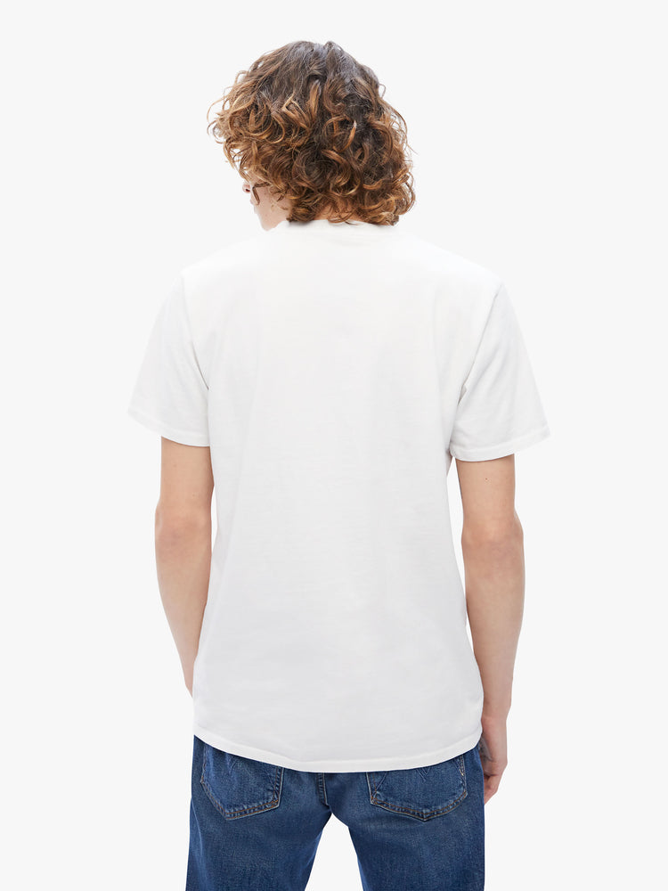 Back view of a mens classic crewneck tee with short sleeves and a boxy fit in white, the tee features a faded festival-inspired graphic on the front.