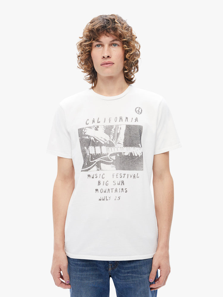 Front view of a mens classic crewneck tee with short sleeves and a boxy fit in white, the tee features a faded festival-inspired graphic on the front.