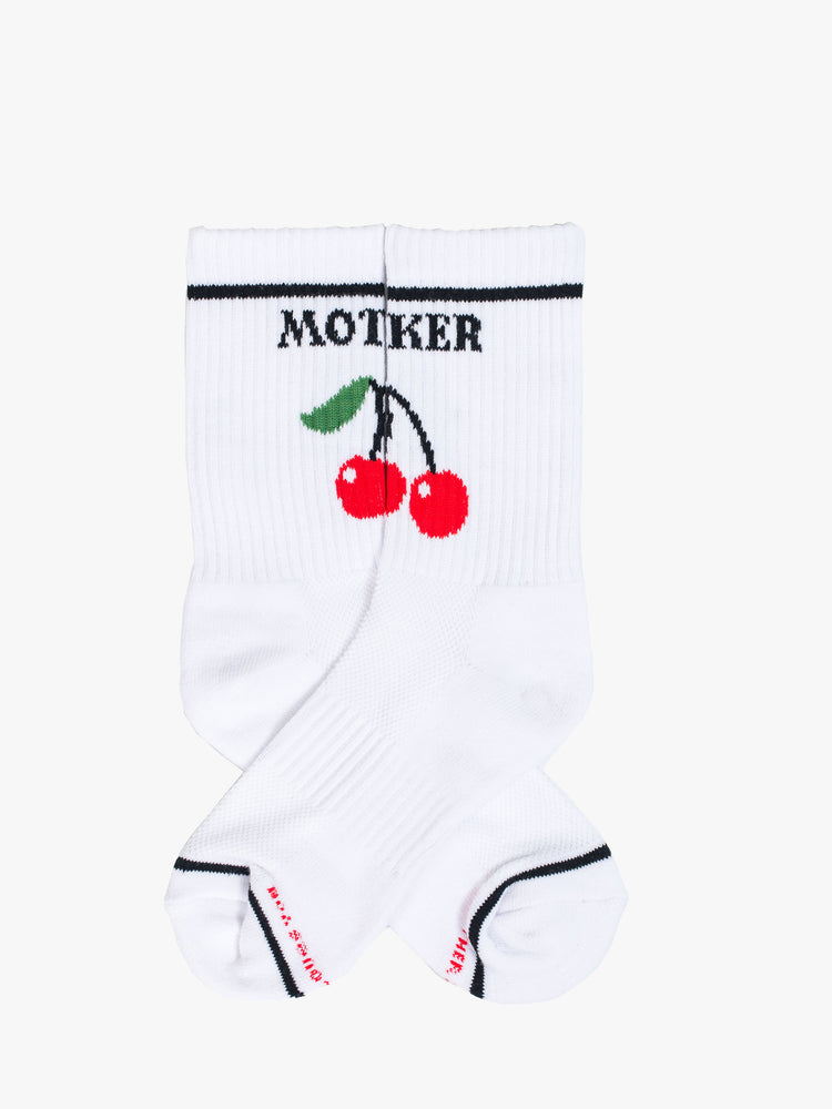 Flat view of classic tube socks with a subtle message shown here in white with black lettering and a red cherry graphic on the front.