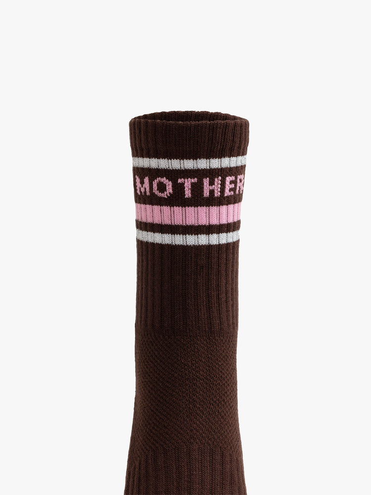 Front view of a brown tube sock featuring "Mother Fucker" and pink and white striping