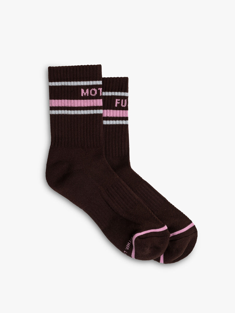 Flat side view of a brown tube sock featuring "Mother Fucker" and pink and white striping