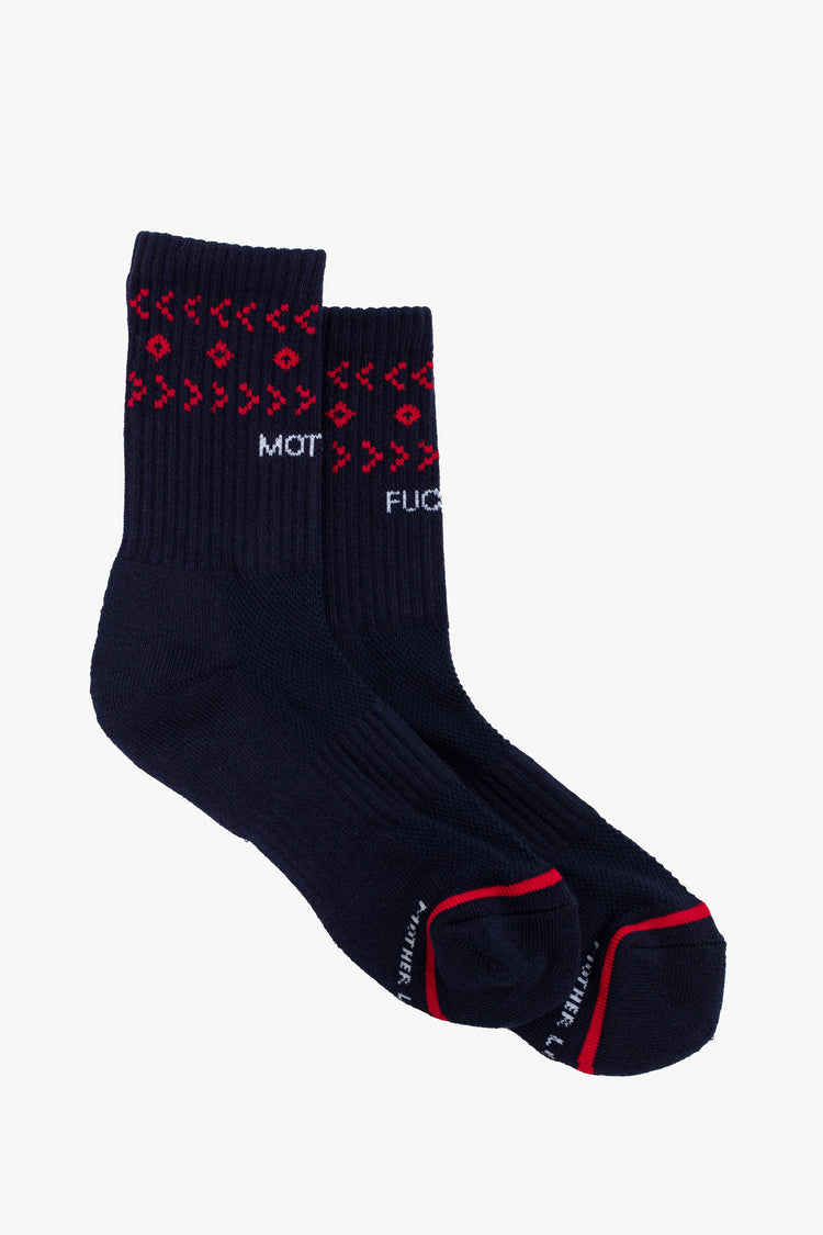 Flat view of a pair of black socks featuring a red pattern and text in white.