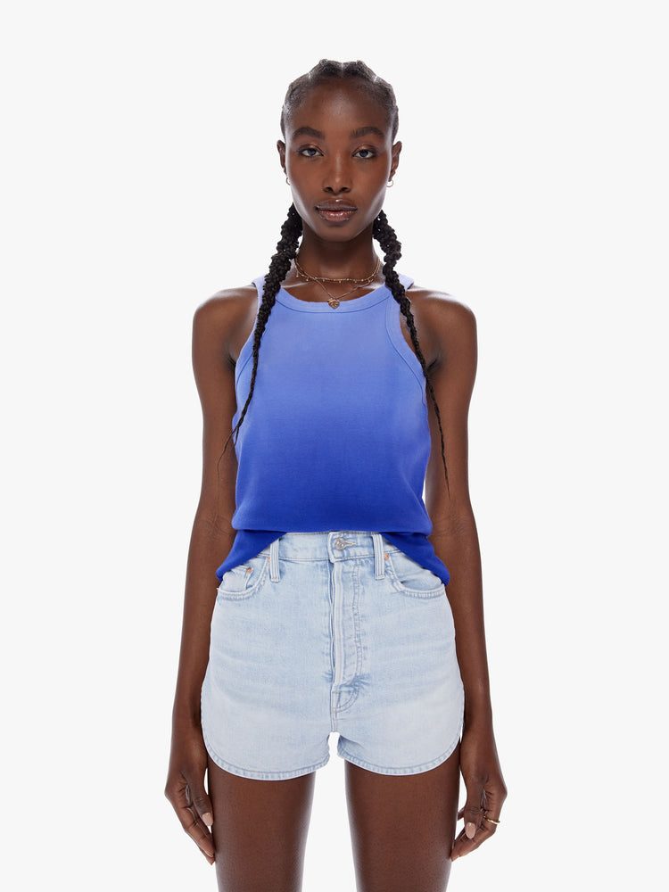 Front view of a woman dip dyed periwinkle hue Tank features a slim fit and racer-style straps.